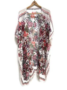 Sheer Floral Kimono Boho Duster Cover-Up in White with Pink & Green Flowers